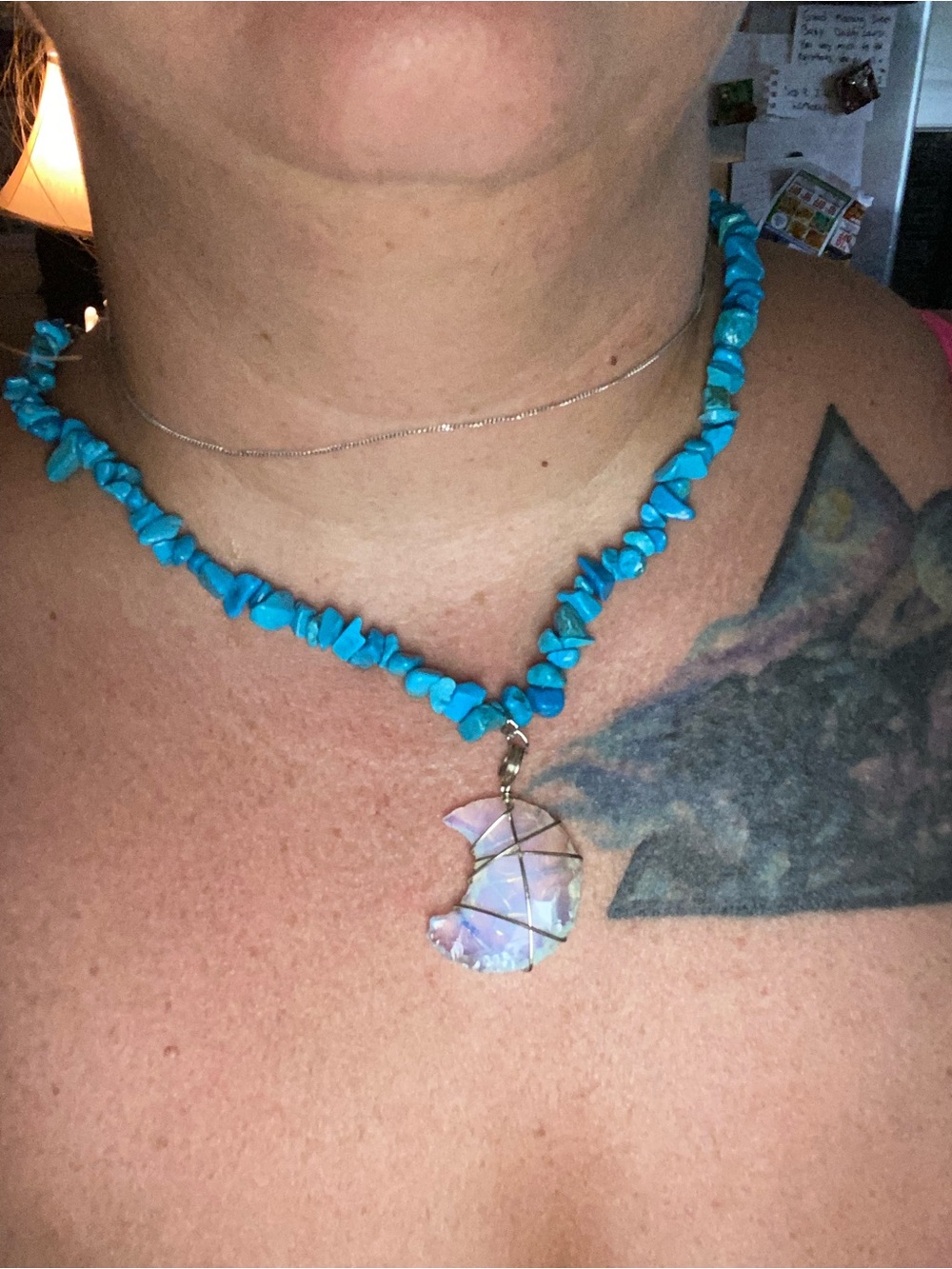 Turquoise Chip Necklace with Opalite Iridescent Crescent stone  Pendant
